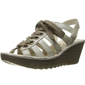 Fly London White Yito Wedge Lace Up Dress Sandals Size 42